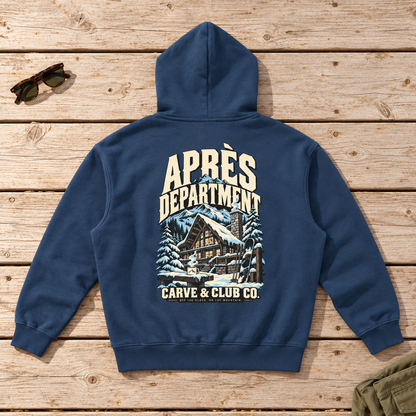 Aprés Department Hoodie — back view flat lay on wood tabletop