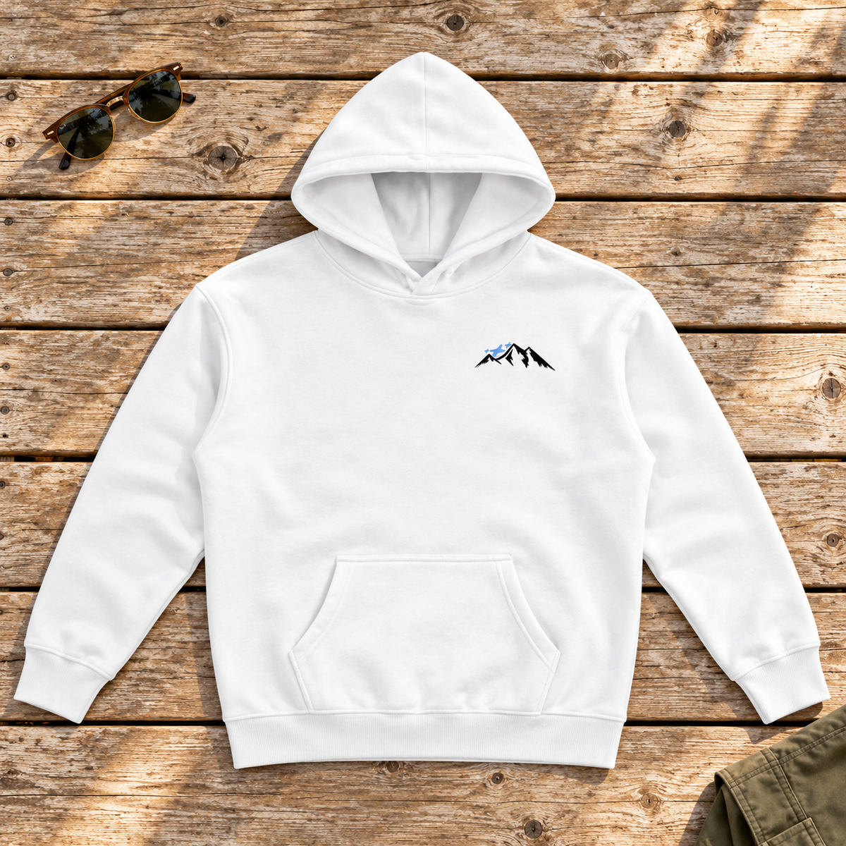 Last Lift Social Club Hoodie — front view flat lay on wood tabletop