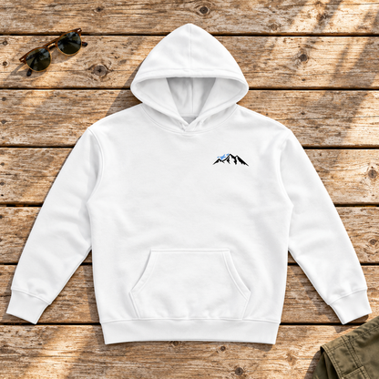 Last Lift Social Club Hoodie — front view flat lay on wood tabletop