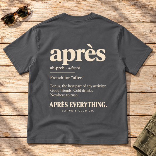 The Après Definition Tee — back view flat lay on wood tabletop