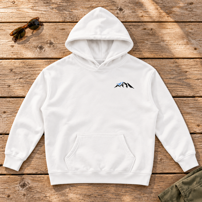 Last Lift Ticket Hoodie — front view flat lay on wood tabletop
