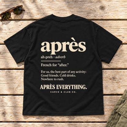The Après Definition Tee — back view flat lay on wood tabletop