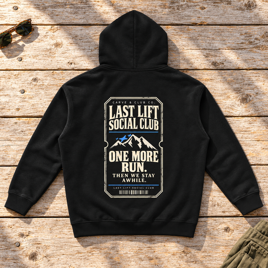 Last Lift Ticket Hoodie — back view flat lay on wood tabletop