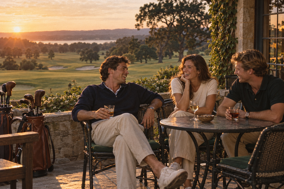 Retro-inspired photograph of adult friends on a clubhouse terrace after golf