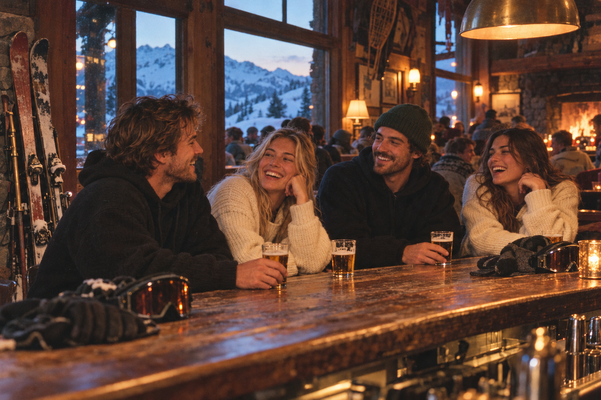 Friends relaxing at an alpine lodge bar after a day skiing, in a warm retro film style
