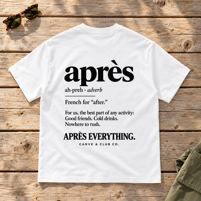 The Après Definition Tee — back view flat lay on wood tabletop