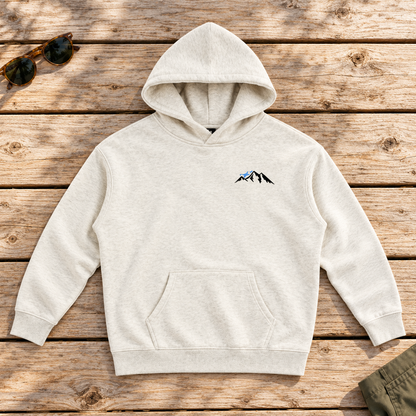 Last Lift Social Club Hoodie — front view flat lay on wood tabletop