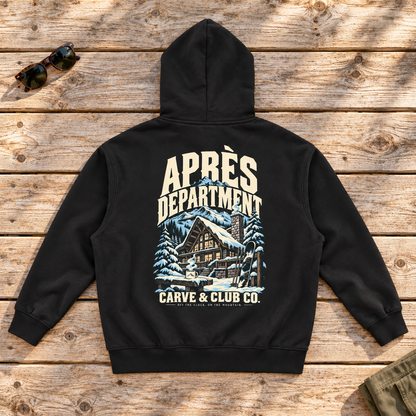 Aprés Department Hoodie — back view flat lay on wood tabletop